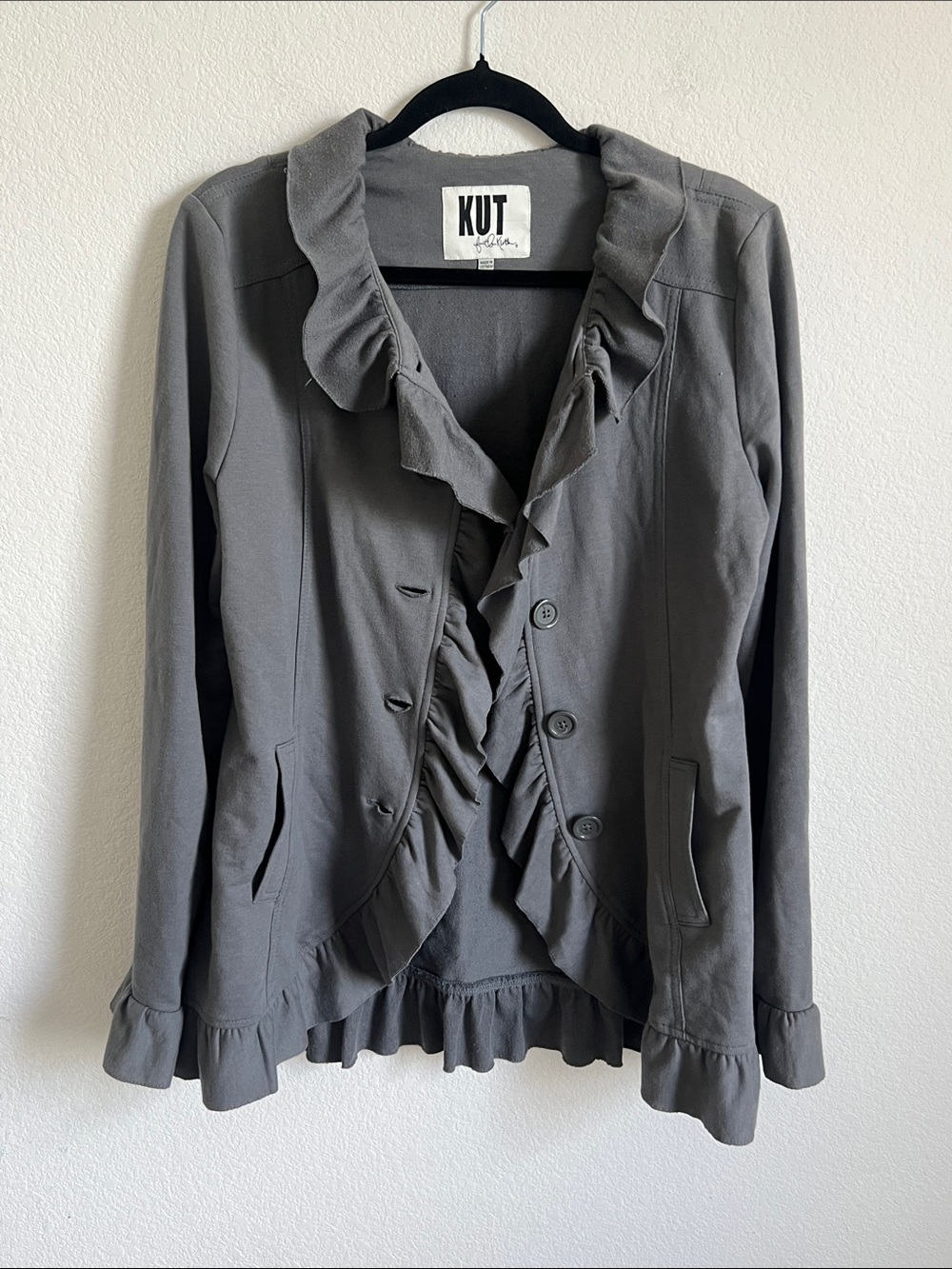 Kut from the Kloth Size L Gray ruffled blazer jacket